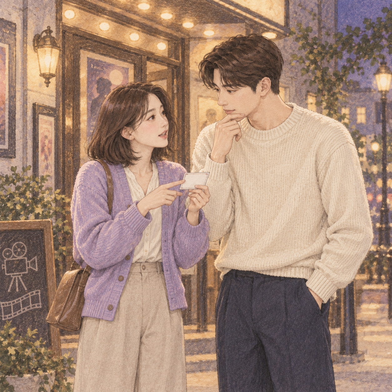 영화관 앞에서 관람할 시간을 이야기하는 나래와 현우의 일러스트