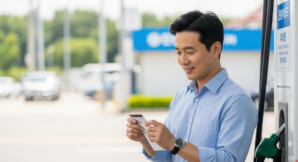 주유 후 카드 영수증을 확인하는 40대 남성
