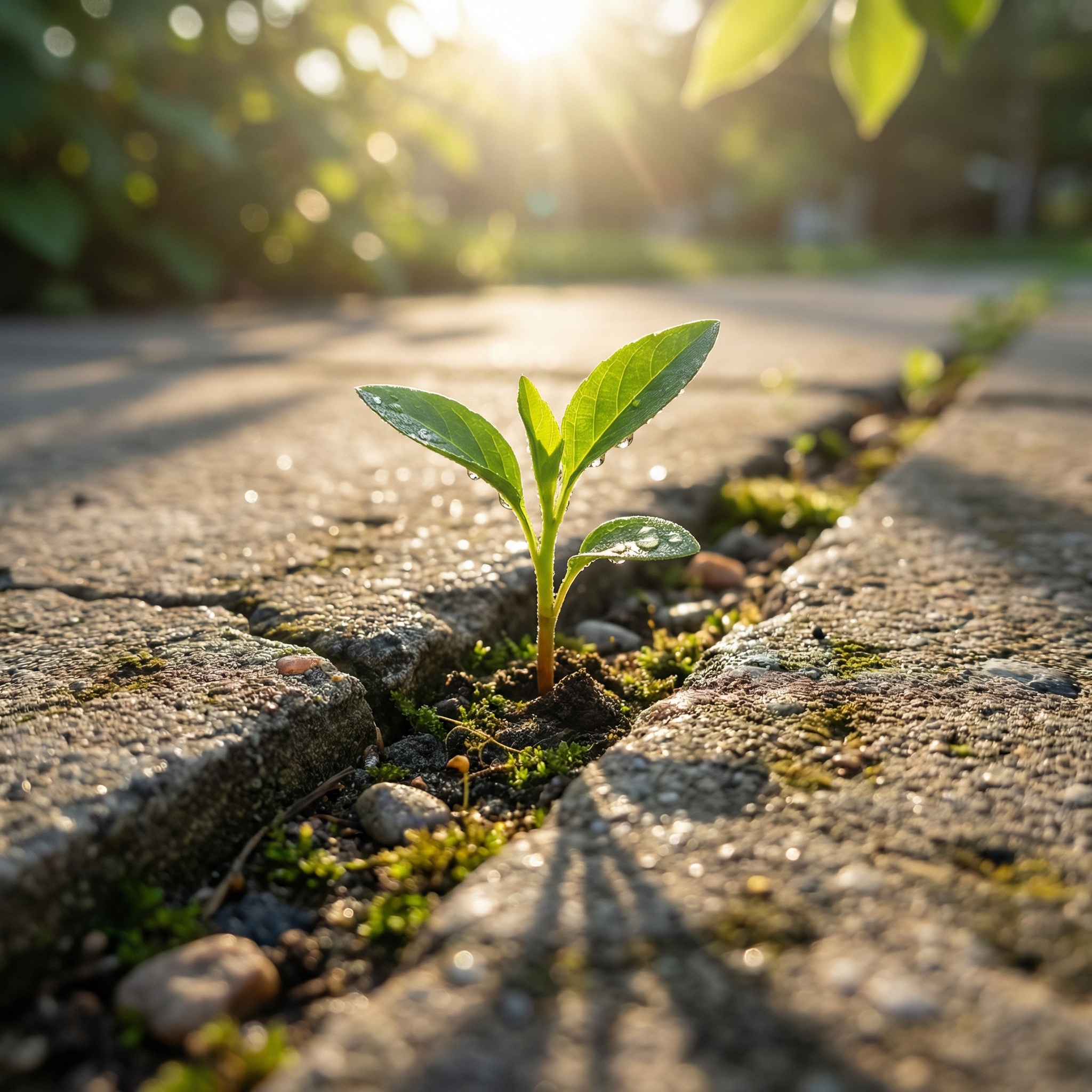 딱딱한 콘크리트 틈새를 뚫고 피어난 작고 강인한 초록색 새싹. 부드러운 아침 햇살이 비치며 작은 시작이 가진 위대한 힘을 상징하는 시네마틱한 8k 매크로 사진.