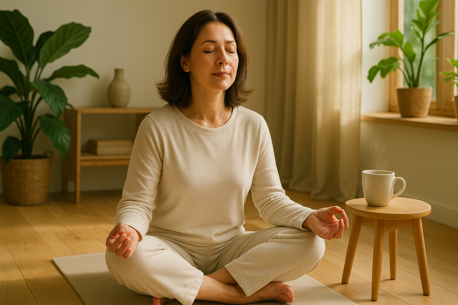 스트레스 해소를 위해 명상과 따뜻한 차를 즐기는 중년 여성의 모습