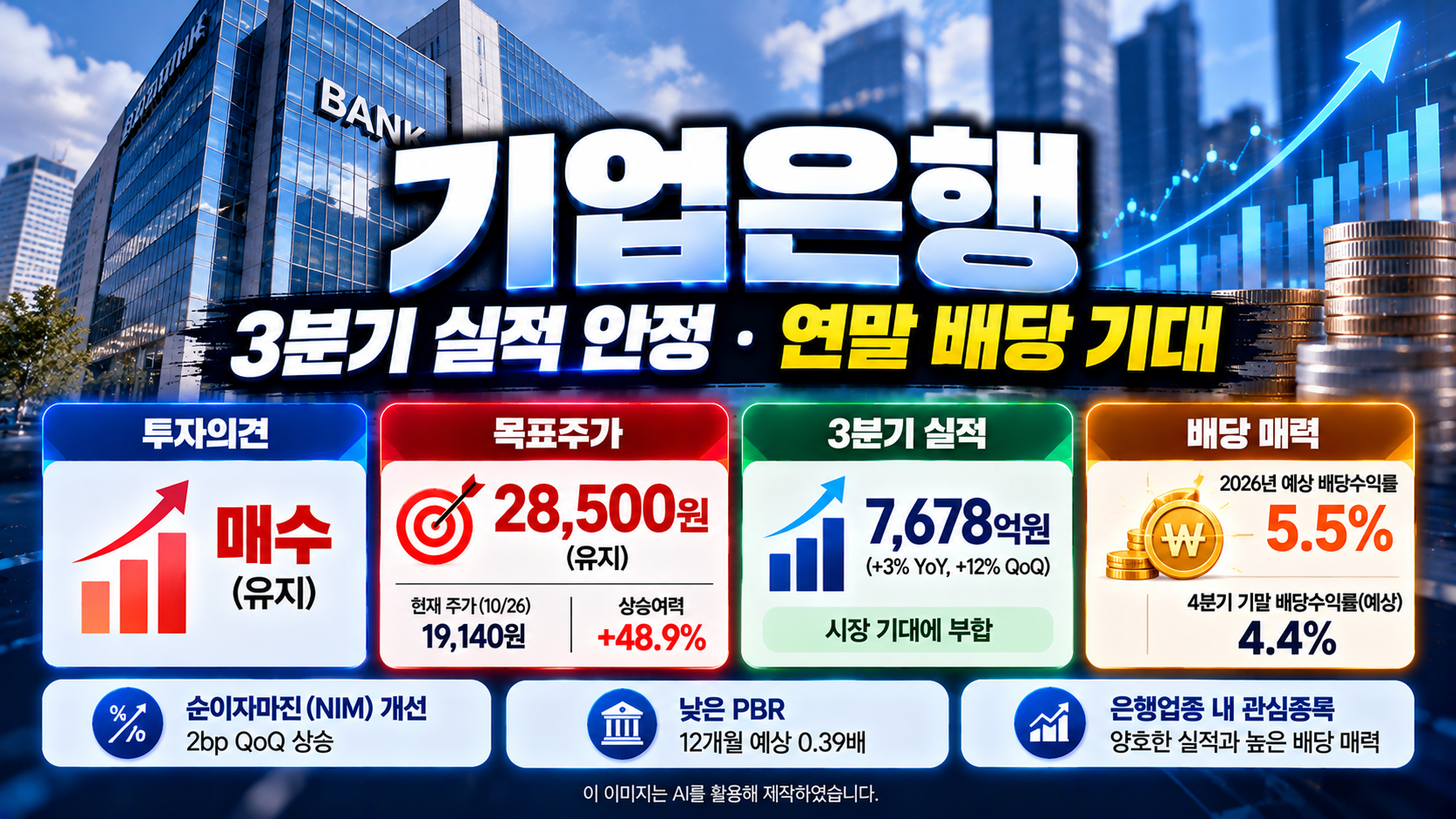 기업은행(024110) 주가 전망 및 기업분석, 한화투자증권 목표주가 28,500원 유지, 2026년 3분기 순이익 7,678억 원, 순이자마진 개선과 예상 연간 배당수익률 5.5%