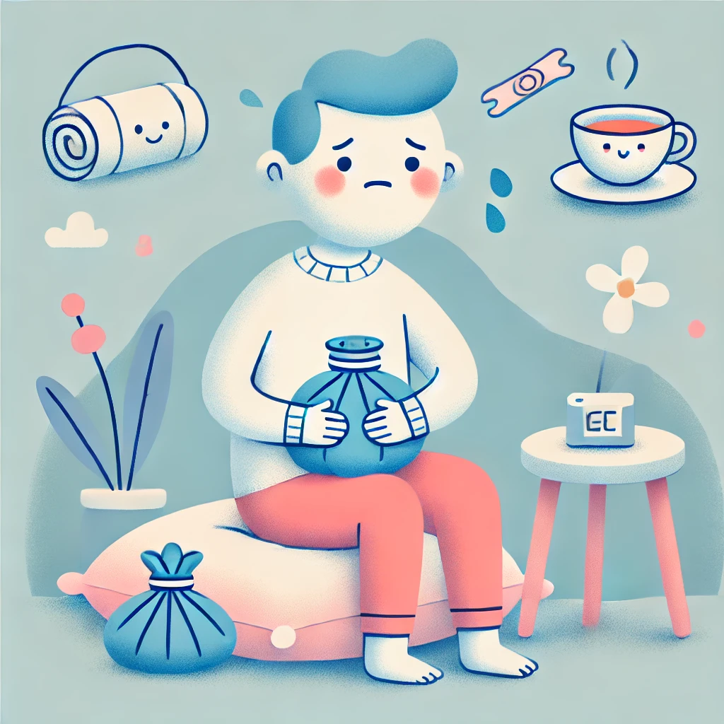 남자가 치질 통증으로 찡그리며 의자에 앉아 있는 모습의 일러스트