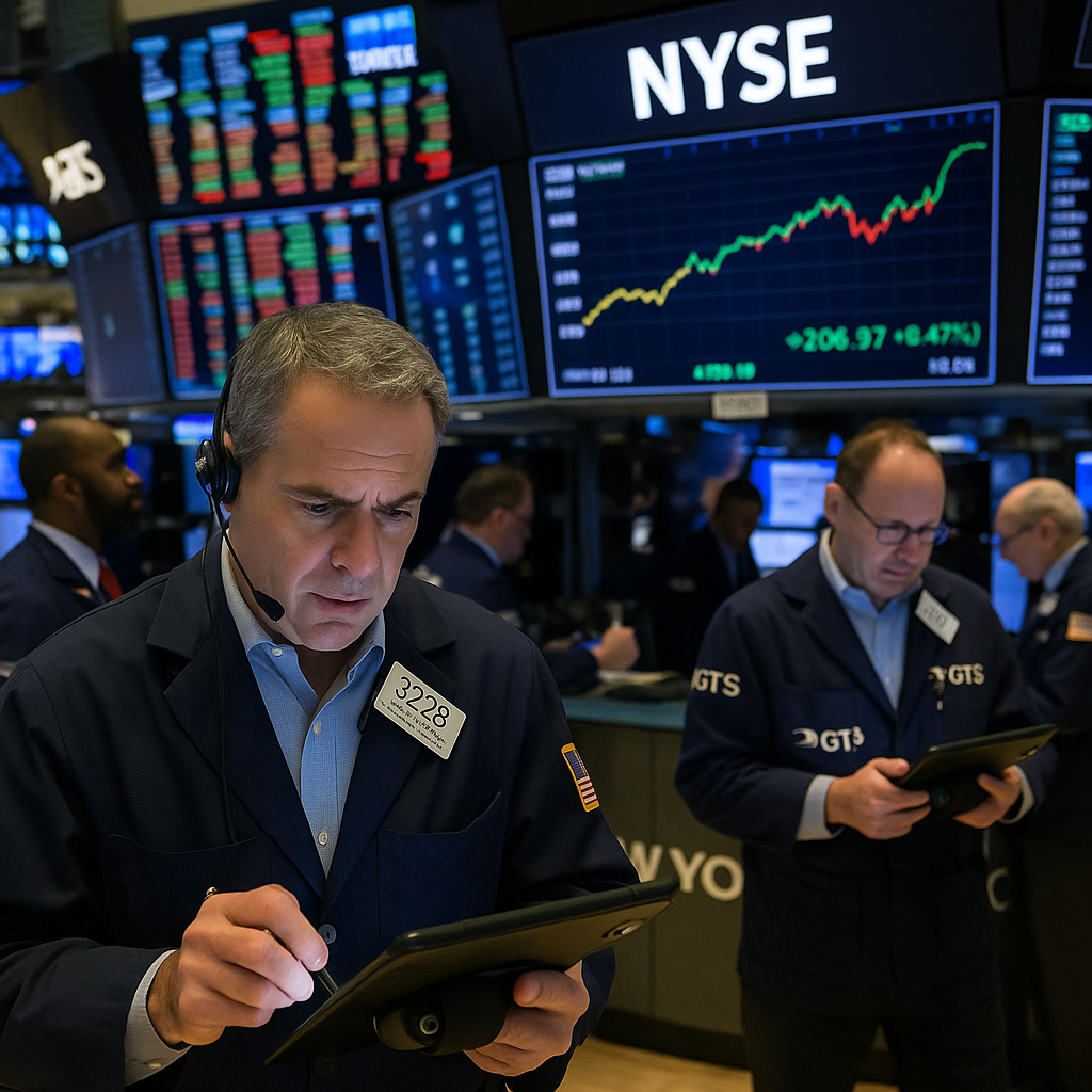 뉴욕증권거래소 트레이더들이 전광판 앞에서 거래하는 장면