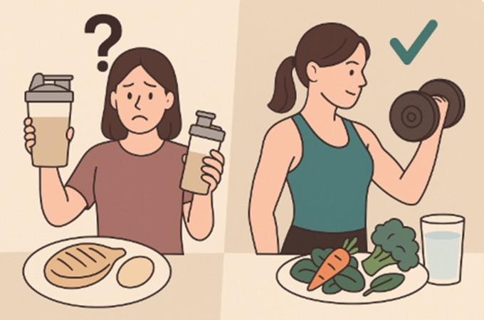 단백질 쉐이크와 식단만으로 다이어트를 시도하는 여성과, 운동과 균형식으로 건강을 챙기는 여성의 비교 일러스트