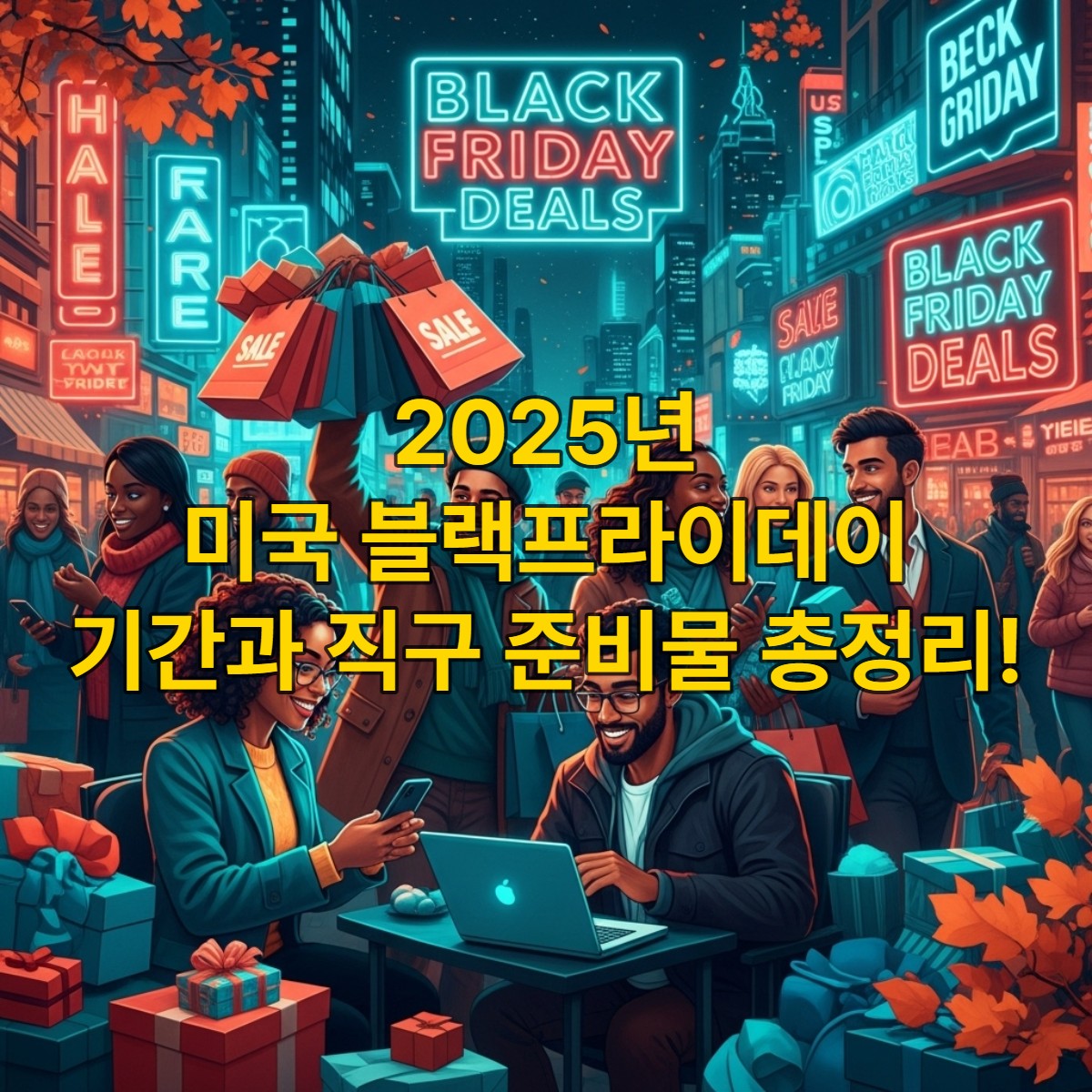 2025년 미국 블랙프라이데이 쇼핑의 활기찬 분위기. 쇼핑백을 든 사람들과 온라인 쇼핑을 하는 모습, 할인 행사를 알리는 네온사인으로 가득한 도시 배경.