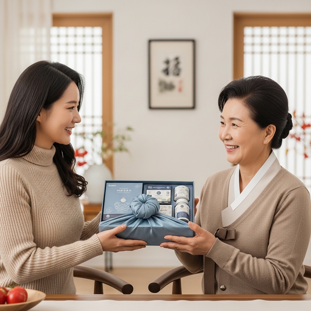 2026년 설날, 며느리가 시어머니께 블루-그레이 톤으로 포장된 건강기능식품 선물 세트를 정성스럽게 드리는 따뜻한 순간. 시어머니는 감동받은 표정으로 웃고 있으며, 뒤로는 한옥의 현대적인 거실 풍경이 보인다.