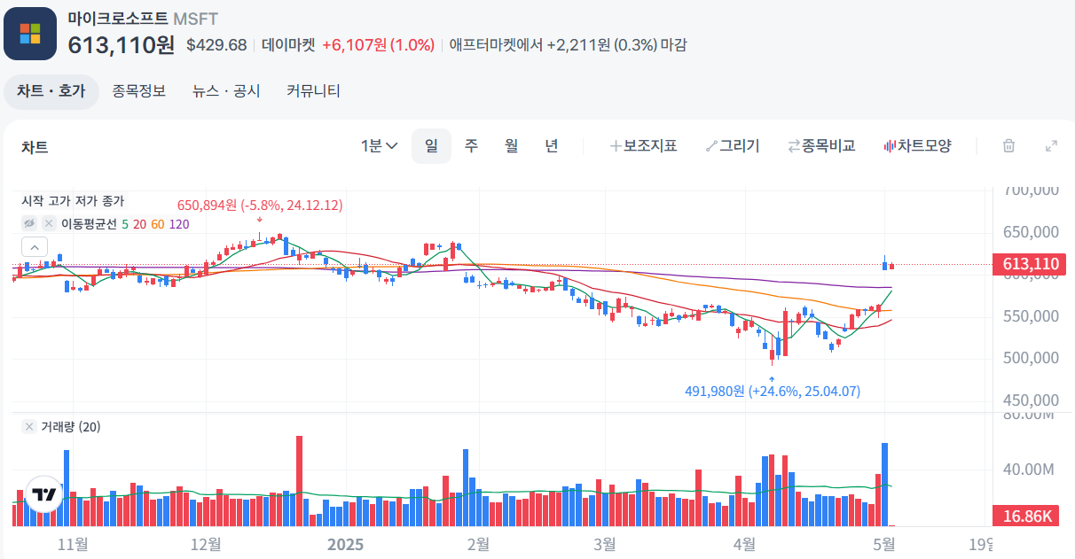 마이크로소프트 일봉 챠트