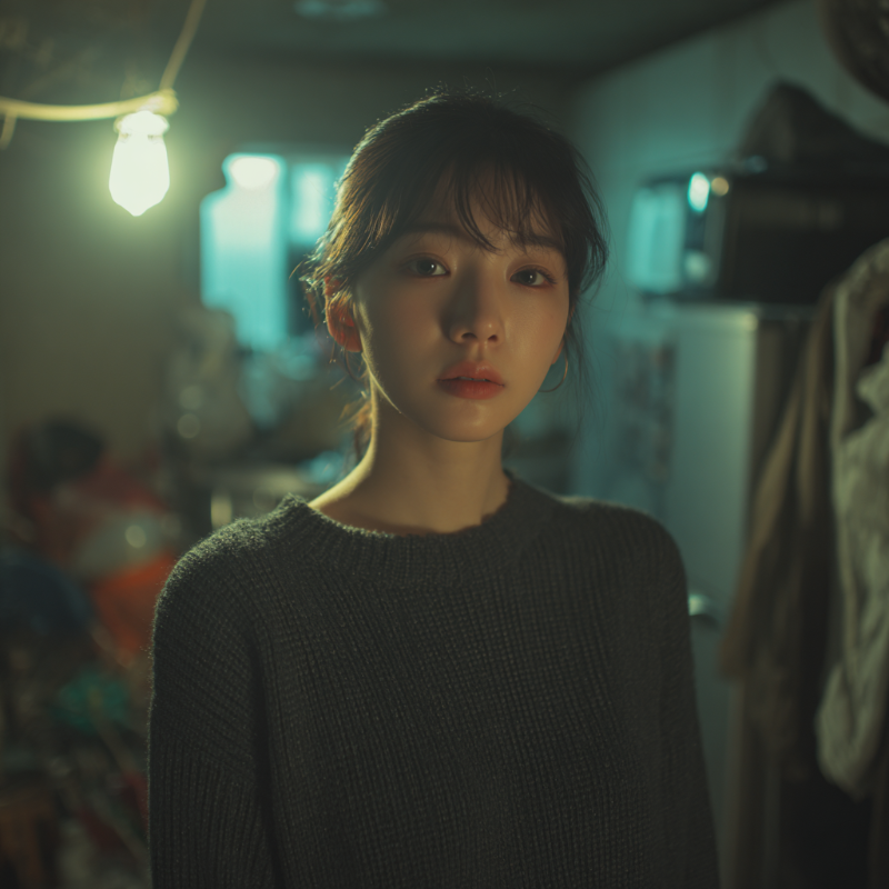 야근과 스트레스로 지친 30대 한국 여성, 어두운 방 안에서 피로한 표정을 짓고 있는 모습