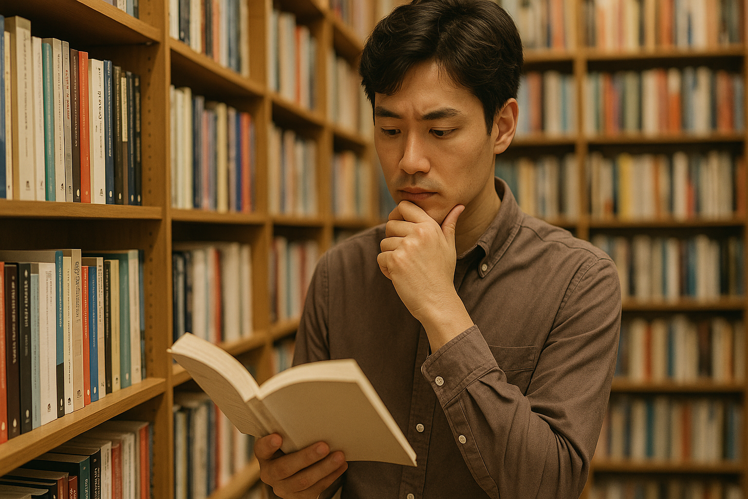 책 선택을 위해 고심중인 청년