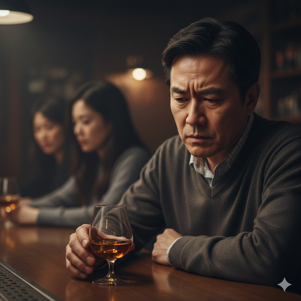 술 못하는 중년남성이 술잔을 바라보며 고민하는 모습