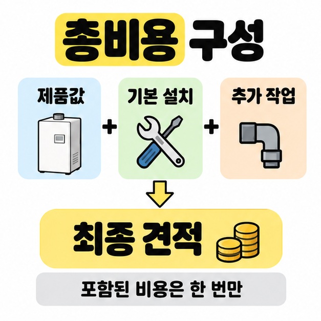 제품값과 기본 설치, 추가 작업을 더해 최종 견적으로 모으고 포함된 비용은 한 번만 더하라고 안내한 비용 구성 도식