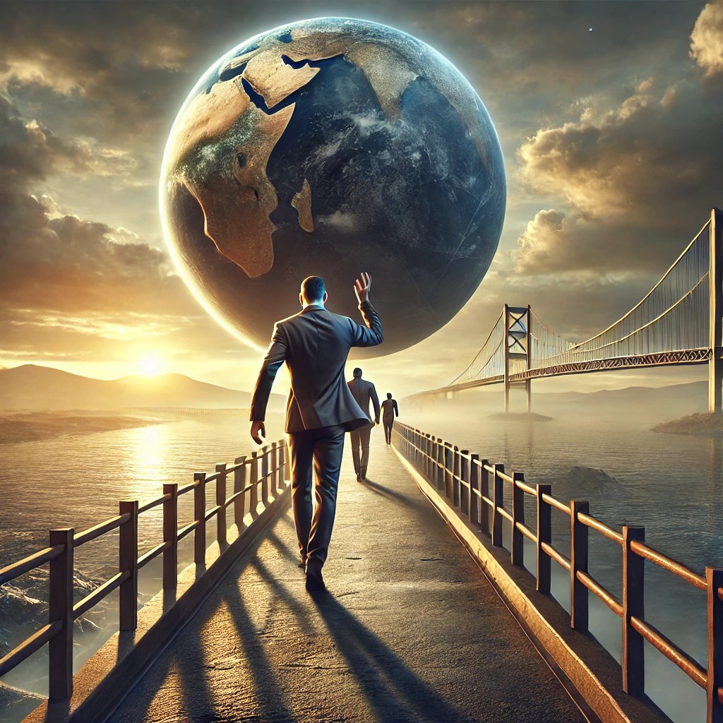 세상의 무게를 어깨에 짊어지고 결단력 있게 앞으로 나아가는 사람의 모습을 표현하며, 맡은 바 임무를 완수하는 데 따르는 힘과 책임감을 상징