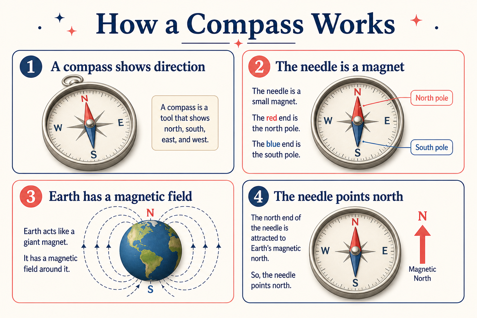 Infographic explaining how a compass works