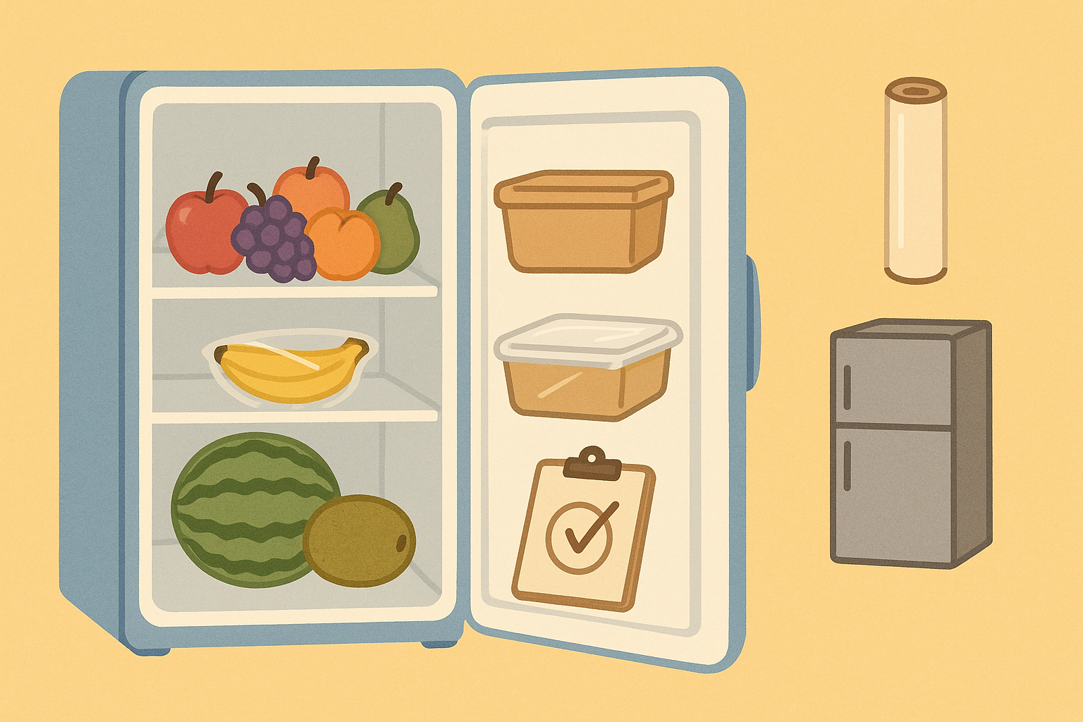 냉장고 속 과일 정리와 보관용기, 랩, 소형 냉장고, 체크리스트 일러스트