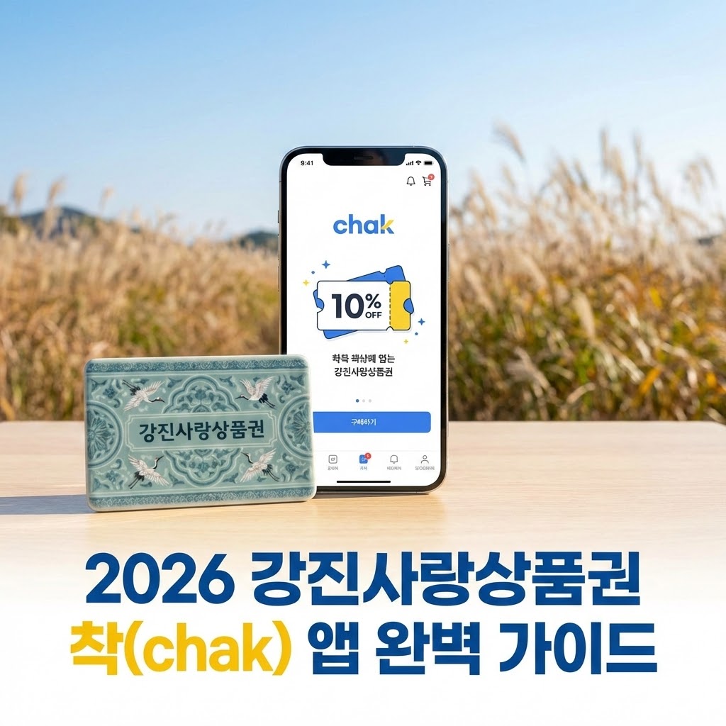 2026년 강진사랑상품권 모바일 앱 착(chak) 설치 방법부터 카드 신청, 충전 한도 및 10% 할인 혜택 정보를 담은 가이드 이미지