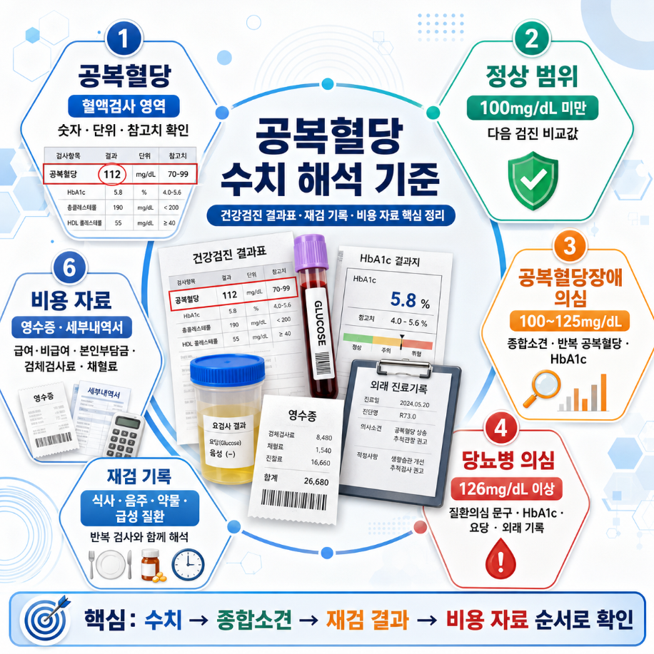 공복혈당 수치 해석 기준과 정상 범위, 공복혈당장애 의심, 당뇨병 의심, 재검 기록, 비용 자료를 종합 정리한 인포그래픽