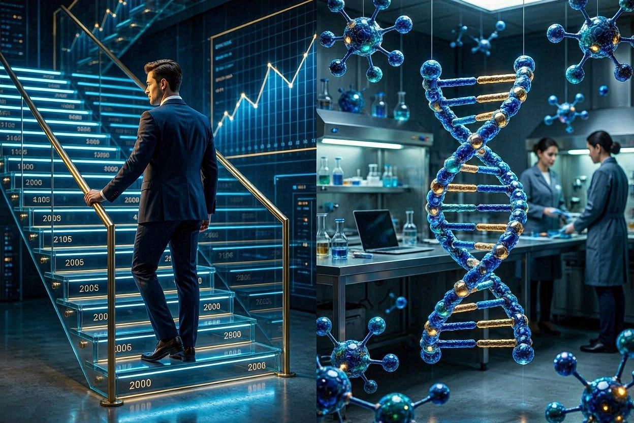 A split-screen visual conceptualizing socioeconomic upward mobility alongside advanced biotech laboratory research for GLP-1 medications.