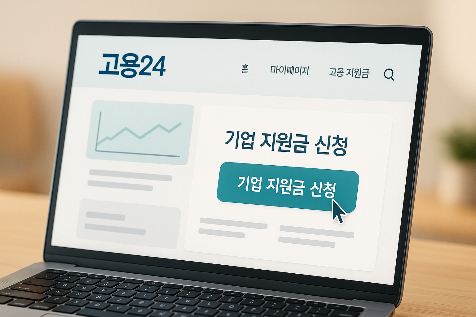 노트북 화면에 보이는 고용24 홈페이지에서 고용지원금을 신청하는 모습