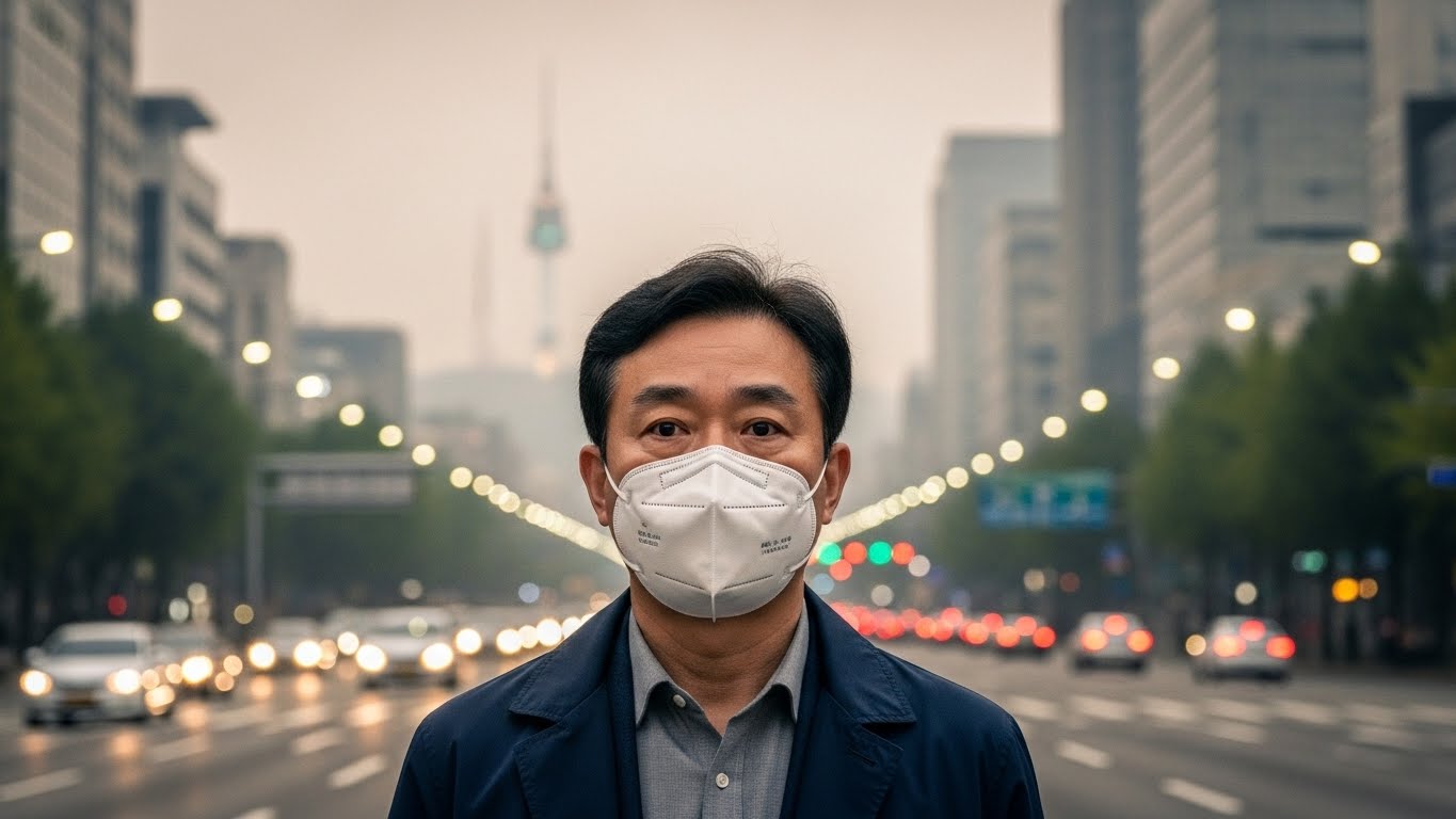 미세먼지에 마스크 쓴 남성