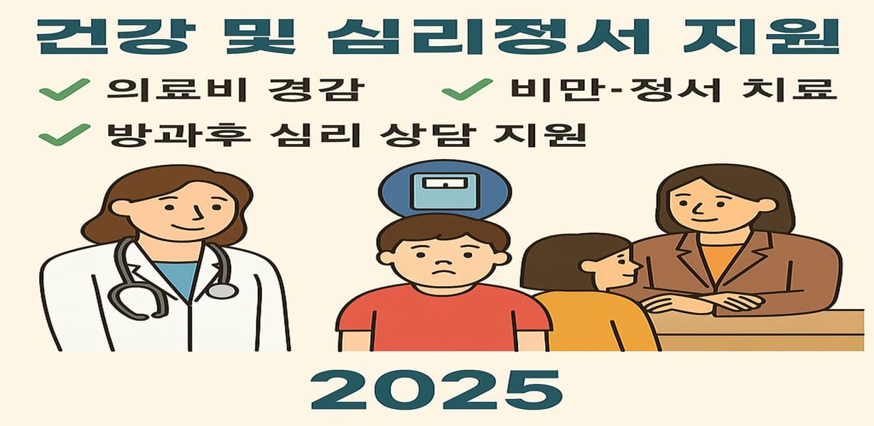 "2025년 아동·청소년 건강 및 심리정서 지원 안내 이미지, 건강검진과 심리상담 아이콘 포함"