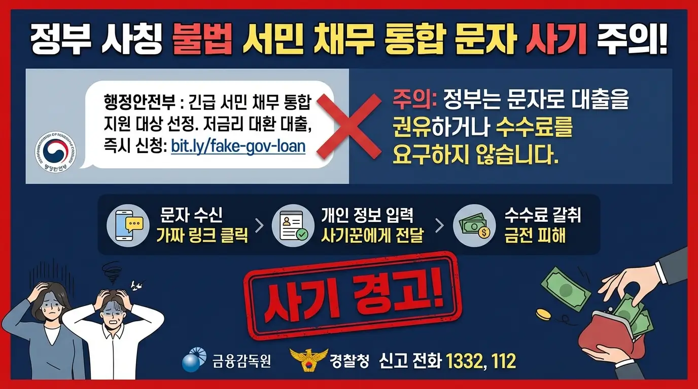 정부를 사칭하여 서민들에게 수수료를 뜯어내는 불법 서민 채무 통합 지원 센터의 문자 사기 수법 경고 인포그래픽