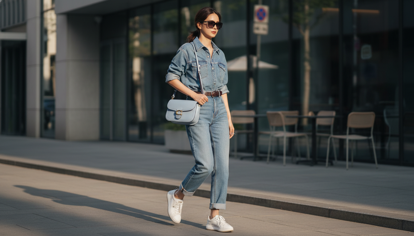 배우 한소희를 닮은 여성이 2026년 코치 타비 숄더백과 시크한 데님 온 데님 룩을 매치하여 도회적인 거리를 걷는 모습