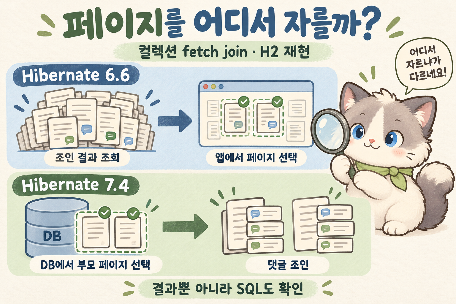 Hibernate 6.6은 전체 조인 결과를 조회한 뒤 애플리케이션에서 페이지를 고르고, 7.4는 지원 DB에서 부모 페이지를 먼저 고른 뒤 댓글을 조인한다. 코미가 두 경로의 페이지 제한 위치를 비교한다.