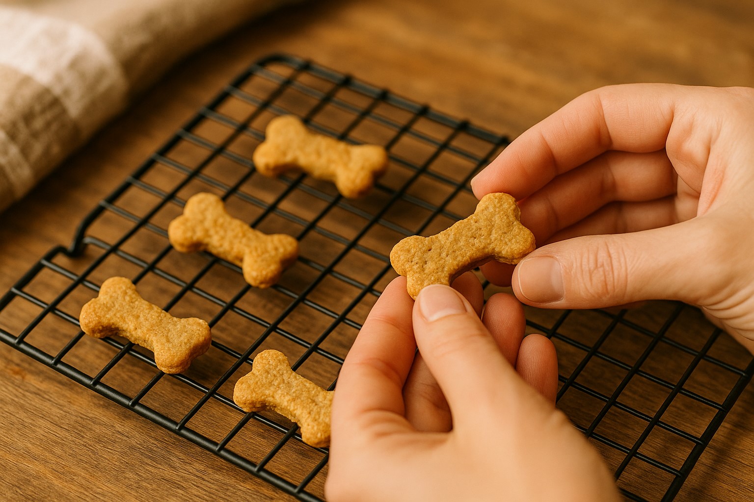 사람의 손이 식힘망에 놓인 갓 구운 작고 뼈다귀 모양의 강아지 쿠키를 부드럽게 들고 있는 클로즈업 사진입니다. 쿠키는 황금빛 갈색을 띠며 건강하고 맛있어 보입니다. 배경은 따뜻하고 소박한 주방 풍경으로, 직접 만든 간식의 정성을 보여줍니다.