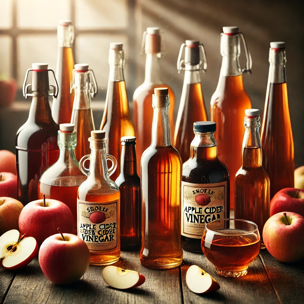 다양한 애플사이다 비니거와 주원료인 사과가 놓여진 모습