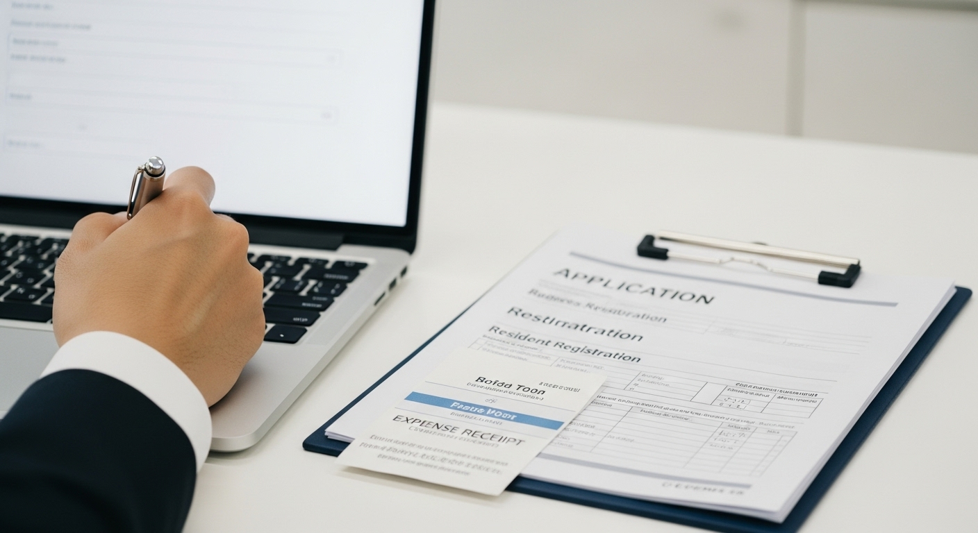 노트북으로 온라인 신청서를 작성하며 옆에 쌓인 사업자등록증, 영수증 등 필수 서류를 확인하는 손. 꼼꼼한 서류 준비의 중요성을 나타낸다.