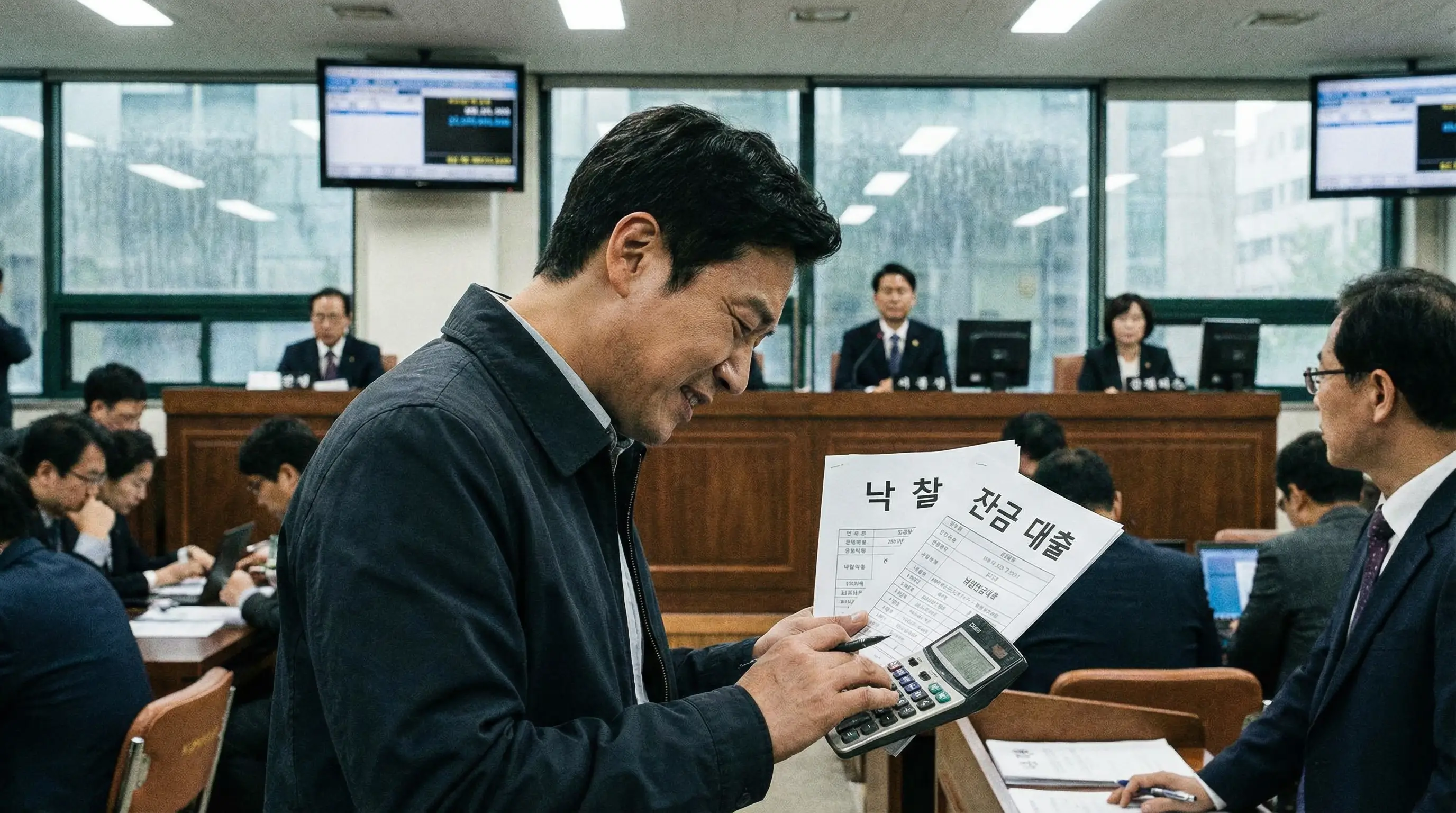 법원 경매장에서 낙찰의 기쁨도 잠시 잔금 대출 걱정에 계산기를 두드리는 투자자의 모습