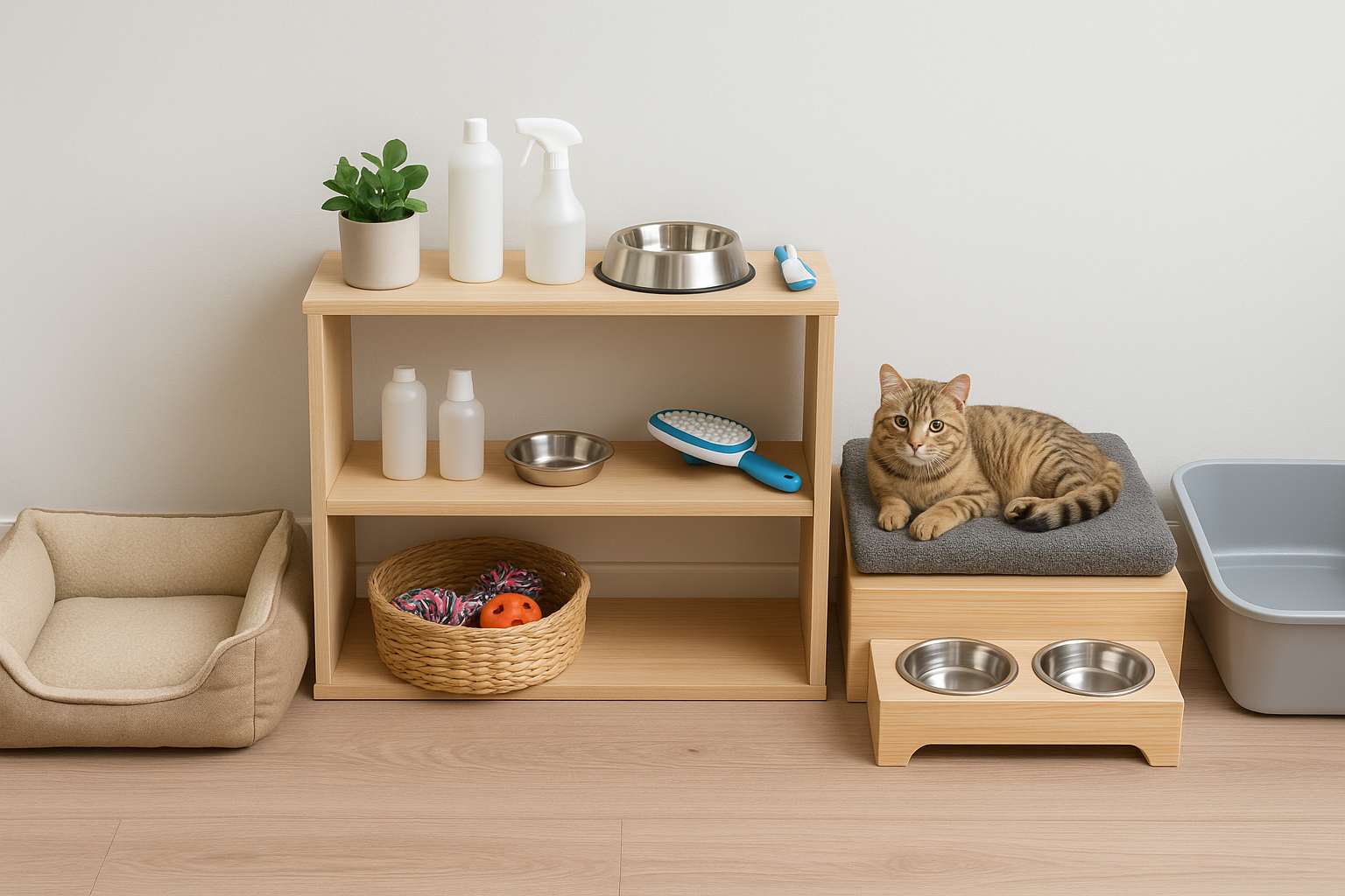 반려동물 용품 청소도구와 고양이