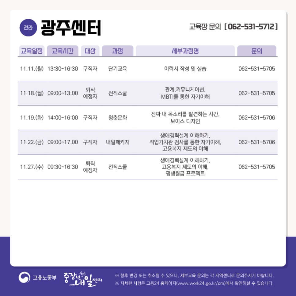 중장년내일센터 11월 교육일정