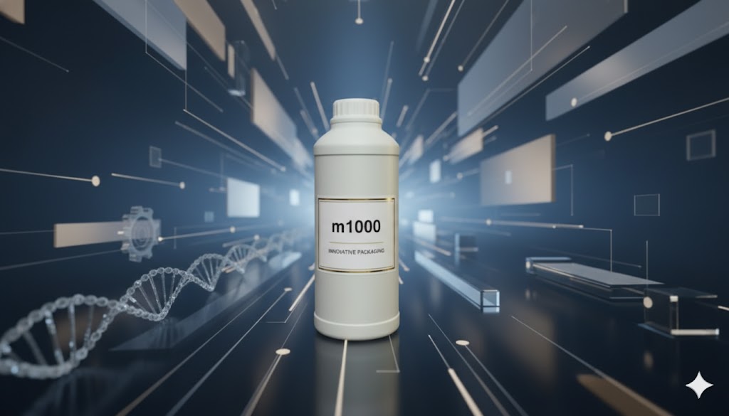 삼양플라스틱 m1000 불투명 백색 용기가 'm1000 INNOVATIVE PACKAGING' 라벨을 부착하고, 혁신적인 기술을 상징하는 추상적인 디지털 배경 위에 놓여 있습니다. DNA 나선형 구조와 빛나는 회로 패턴이 용기의 미래지향적이고 다양한 산업 응용 가능성을 암시합니다.