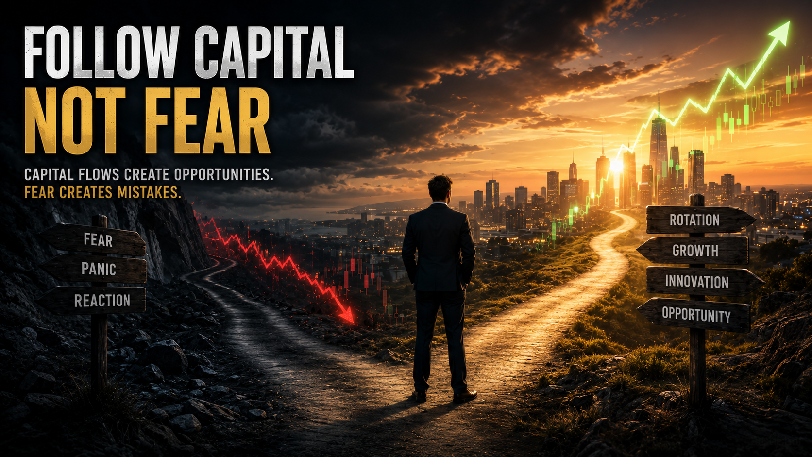 Symbolic financial illustration representing the choice between fear-driven investing and following long-term capital flows toward future market opportunities.