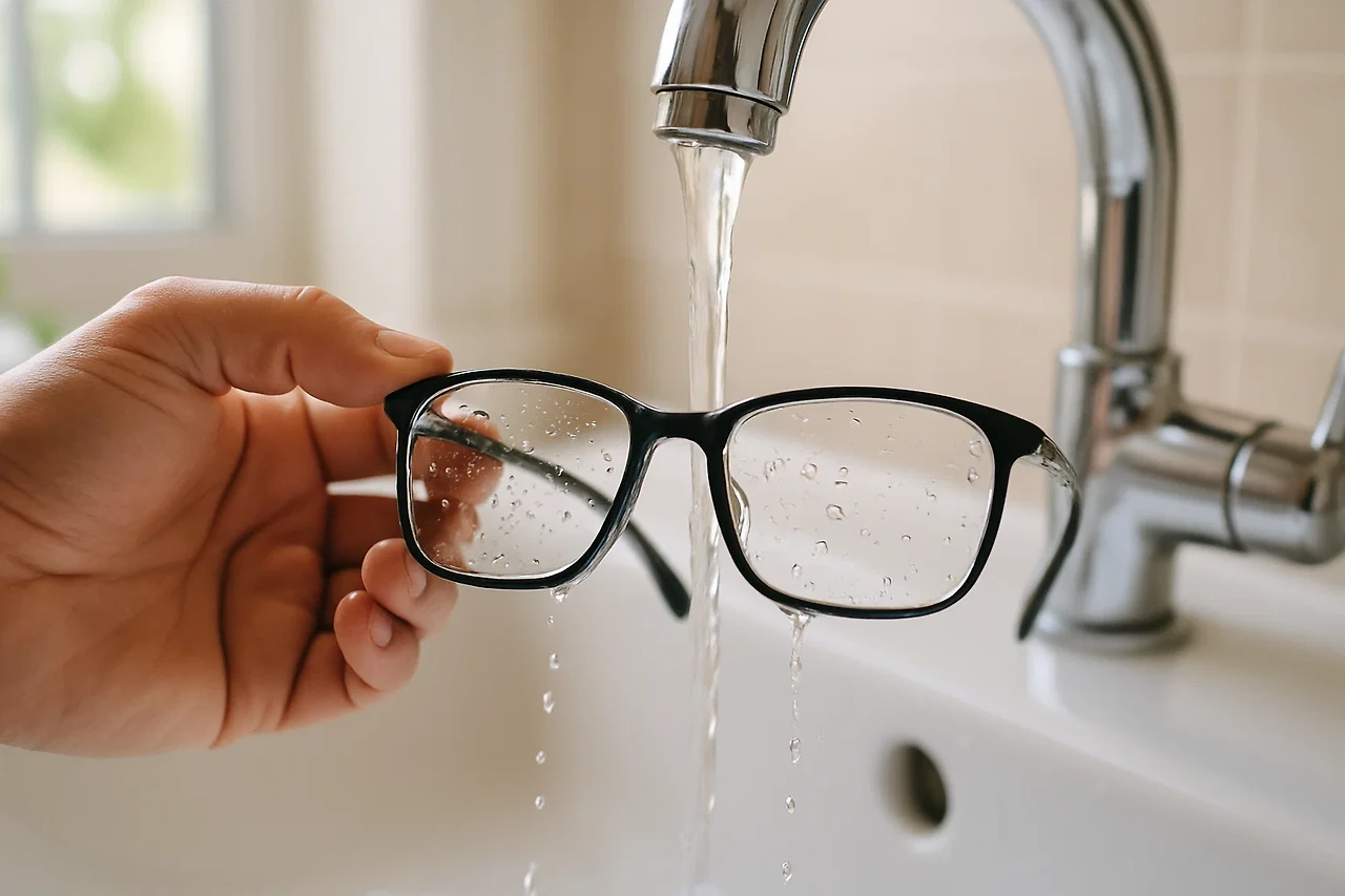 미온수로 안경을 예비 헹구는 손 클로즈업