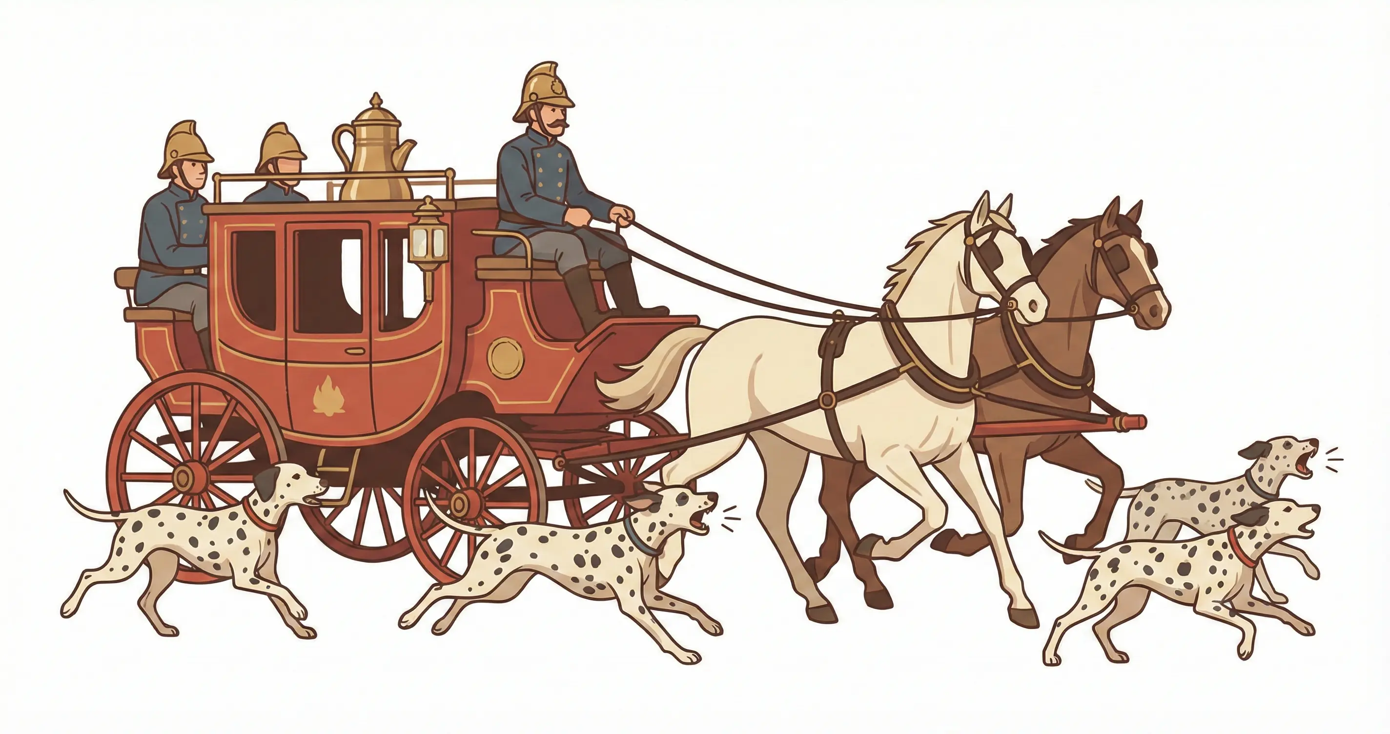 19세기 마차 옆을 달리는 달마시안 그림 또는 소방 마차와 함께 있는 모습