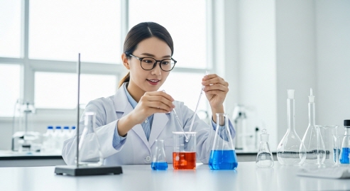 실험실에서 기능성 원료를 연구하는 전문가