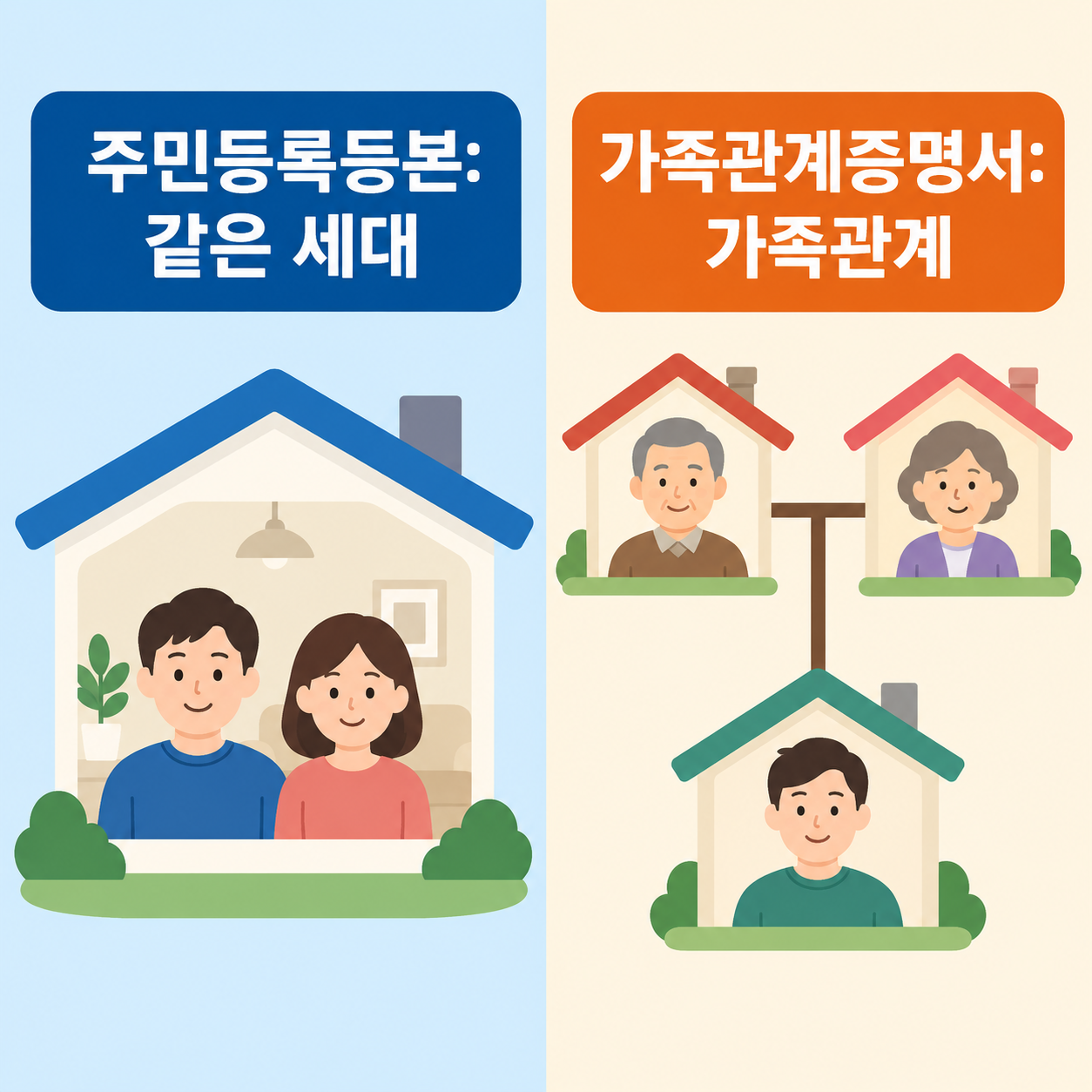 주민등록등본의 세대와 가족관계증명서의 가족관계를 비교한 그림