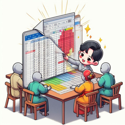 회의 중 캐릭터들이 스프레드시트 속 데이터를 분석하는 장면