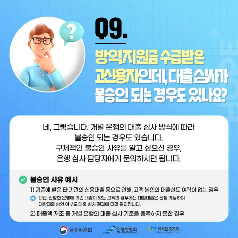 Q9. 방역지원금 수급받은 고신용자인데&#44; 대출심사가 불승인 되는 경우도 있나요?