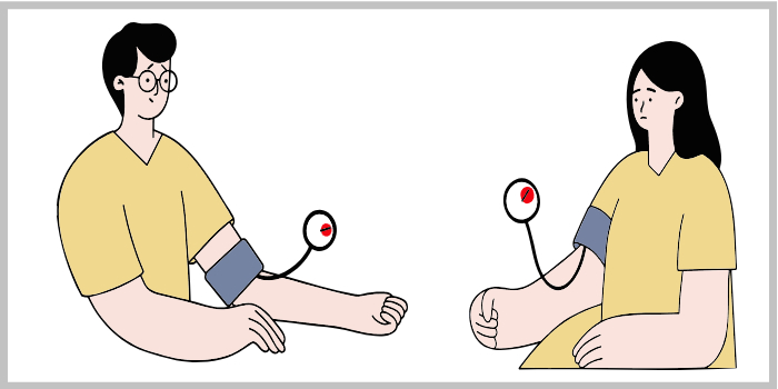 혈압 측정기를 착용한 남성과 여성, 서로 마주 보고 있는 상황을 묘사한 일러스트