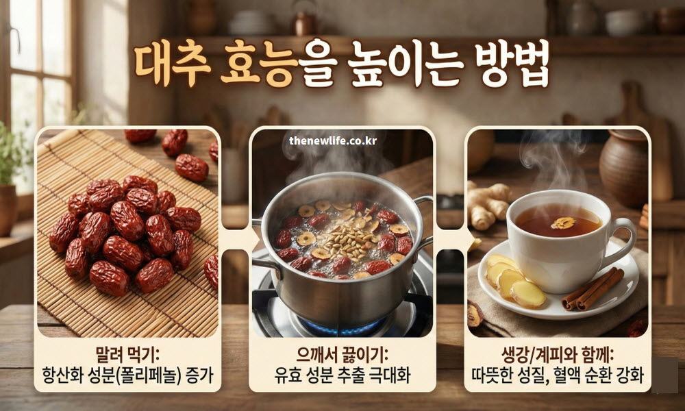 대추 효능을 높이는 방법으로 조리법과 섭취법을 설명하는 이미지