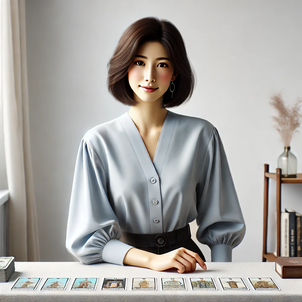 타로마스터 자격을 취득한 여성이 타로점을 봐주고 있다.