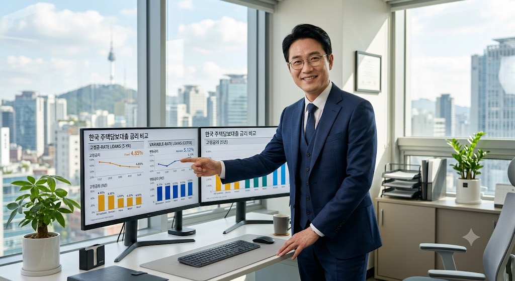 밝고 현대적인 서울의 금융 상담실에서 신뢰감 있는 인상의 금융 전문가가 모니터 화면의 고정금리와 변동금리 비교 수치를 짚어주며 상담하는 모습. 전문적이고 정중한 자산 관리 상담 분위기를 담아낸 8k 초고해상도 사진.