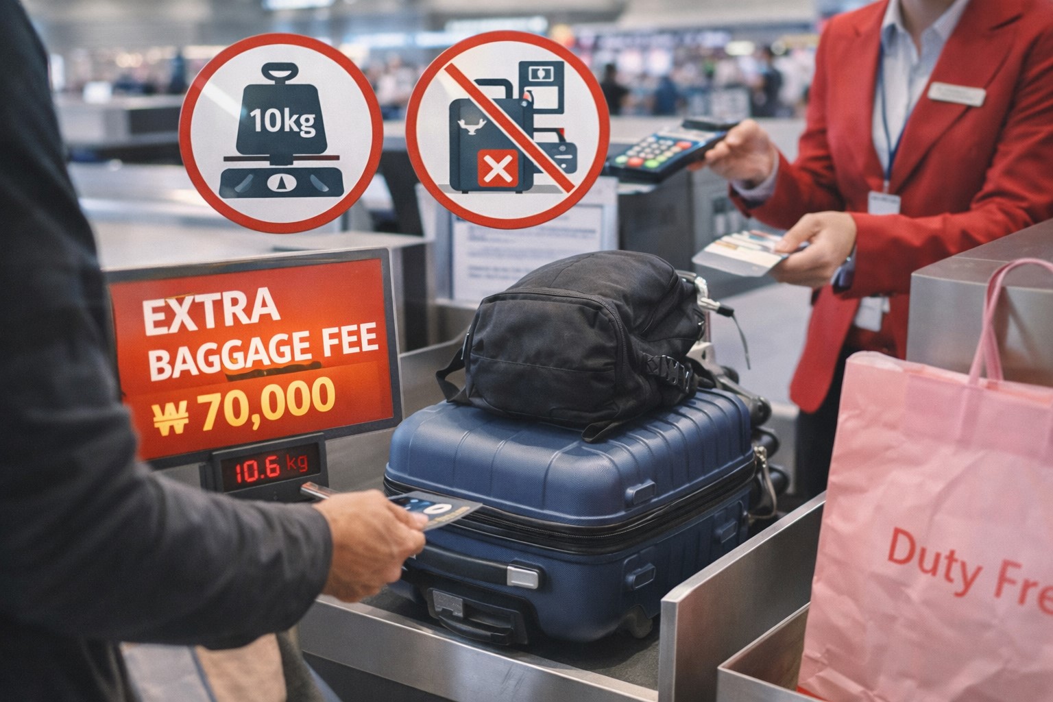 "LCC 수하물 규정 때문에 공항에서 추가요금이 발생하는 상황을 상징하는 대표 이미지"