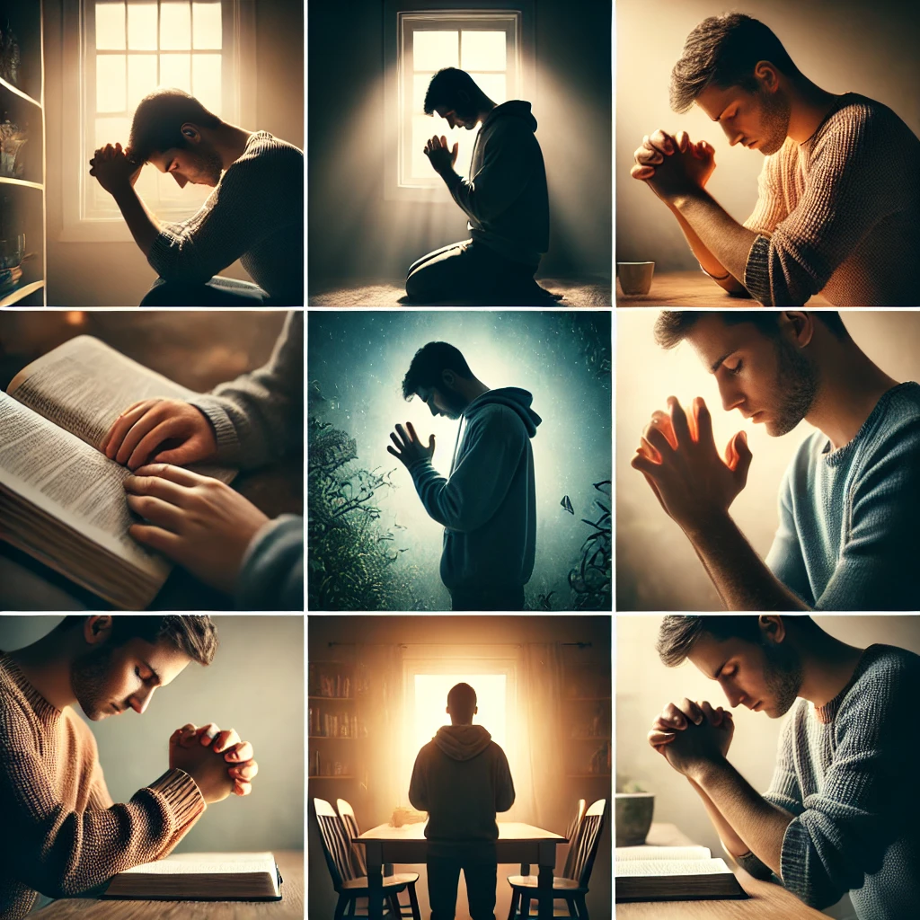 여기 믿음의 기도를 수시로 드리는 모습이 담긴 이미지가 있습니다. 하루의 여러 순간, 다양한 환경 속에서 기도하는 모습이 표현되었습니다. 이처럼 하루의 모든 순간을 기도로 채우며, 말씀을 붙잡고 하나님의 뜻에 따라 변화되기를 바라는 마음이 잘 표현된 그림입니다. 🙏✨📖