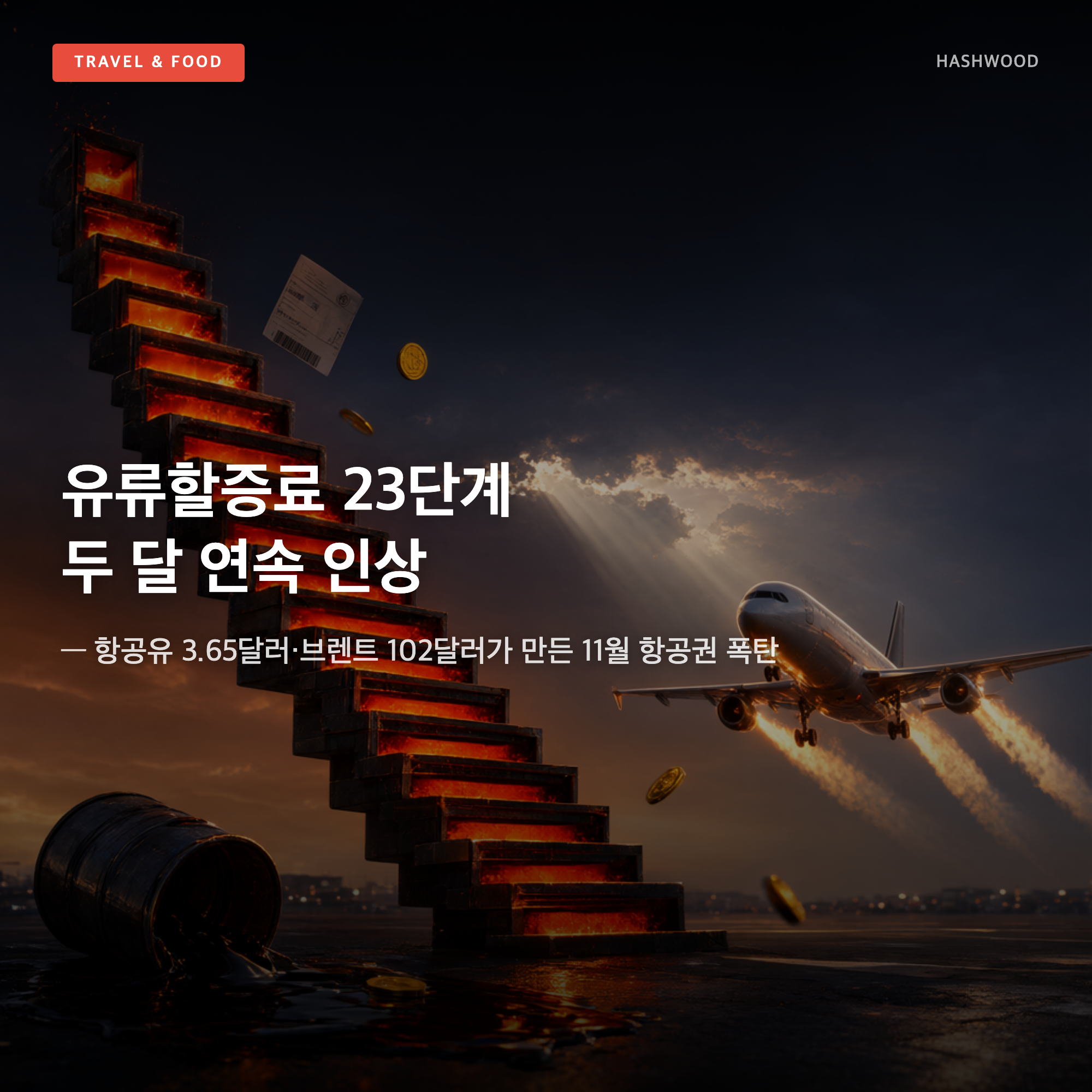 그림: 유류할증료 23단계 두 달 연속 인상 — — 항공유 3.65달러·브렌트 102달러가 만든 11월 항공권 폭탄