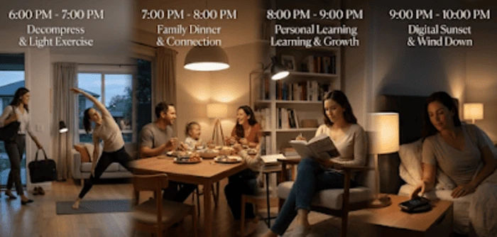 오후 6시부터 10시까지 회복, 성장, 준비 단계별로 나누어진 저녁 루틴 사진 4분할과 아늑한 조명의 실내 풍경