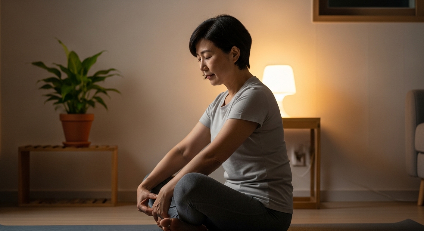 50대 여성이 요가 매트 위에서 부드러운 이완 스트레칭을 하며 밤 운동을 마무리하는 평화로운 실내 모습